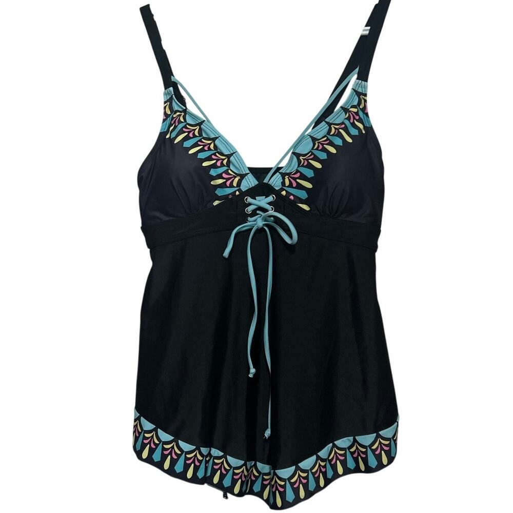 Women’s Black Teal Pink Yellow Adjustable Straps Ties in Front Tankini Size L